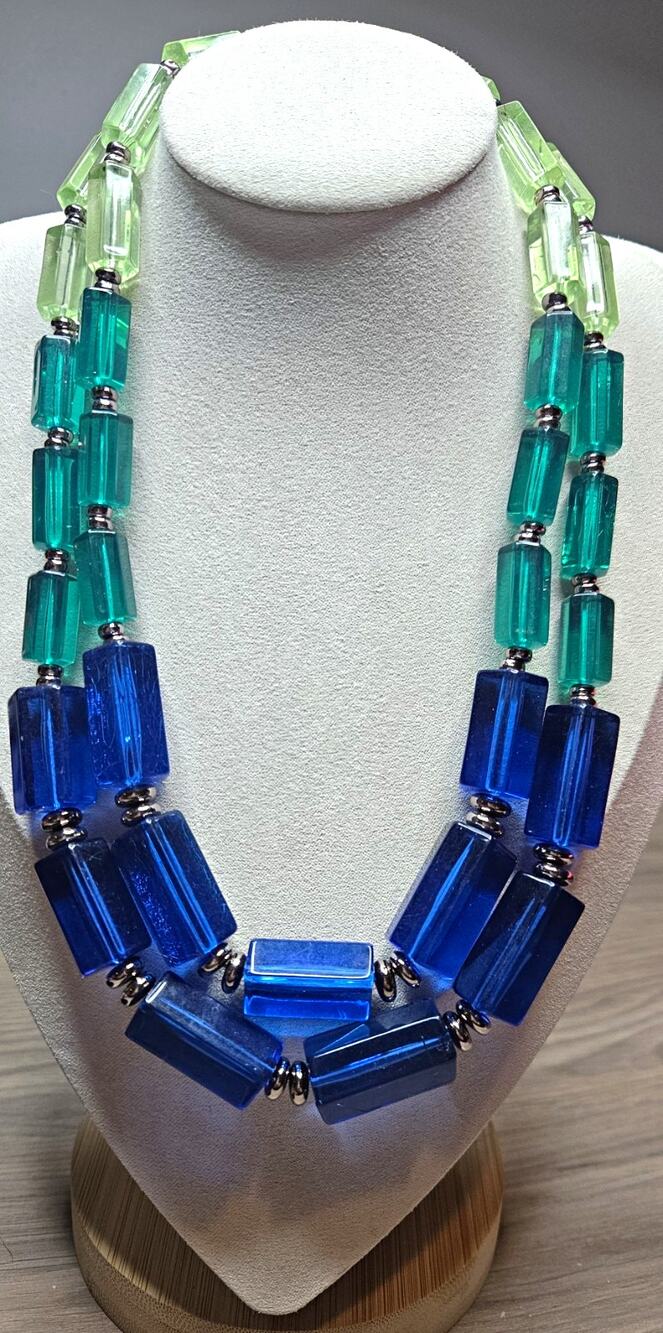 Coldwater Creek Double Strand Blue Teal Green Chunky Beaded Statement Necklace